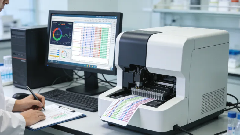 病理医生在显微镜下观察HER2 IHC染色切片