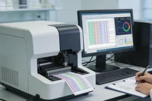 病理医生在显微镜下观察HER2染色切片