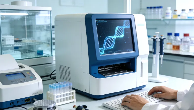 实验室技术人员进行基因测序操作的示意图