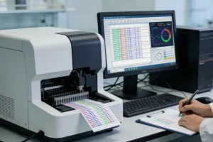 医生对比血液试管与组织标本示意图