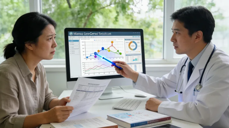临床医生与患者讨论基因检测报告的诊室场景