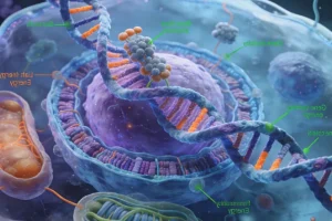 肺癌细胞PD-L1（绿色）与T细胞PD-1（红色）相互作用示意图