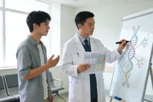 一位医生正与患者共同查看基因检测报告