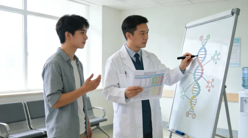 一位医生正与患者共同查看基因检测报告