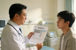 女性与医生共同查看家族树图谱