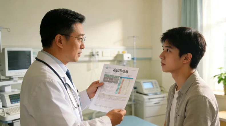 女性与医生共同查看家族树图谱