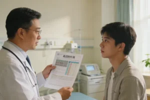 医生与患者共同查看基因检测报告示意图