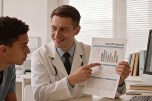 年轻女性与医生共同查看病理报告