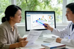医生与患者讨论基因检测报告示意图