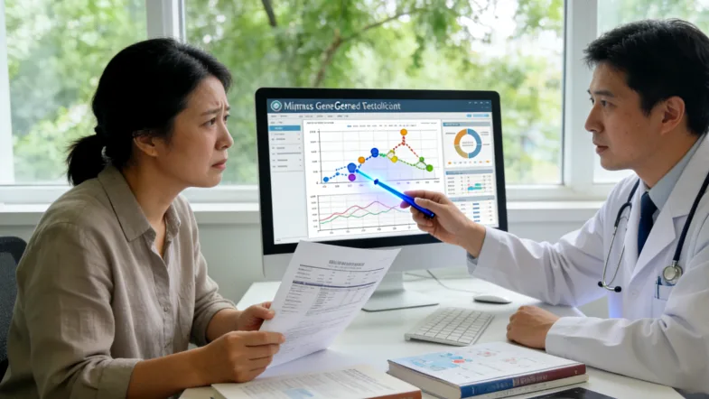 医生与患者讨论基因检测报告示意图