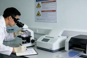 显微镜下显示NTRK基因融合的荧光原位杂交（FISH）图像