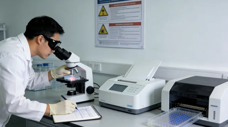 显微镜下显示NTRK基因融合的荧光原位杂交（FISH）图像