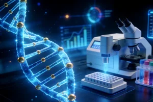 医生与患者共同查看基因检测报告示意图
