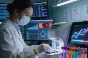 一位女性患者正在与医生共同查看基因检测报告