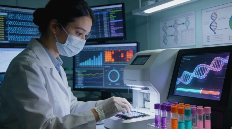 一位女性患者正在与医生共同查看基因检测报告