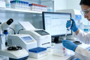 显微镜下的乳腺癌细胞与基因序列叠加图