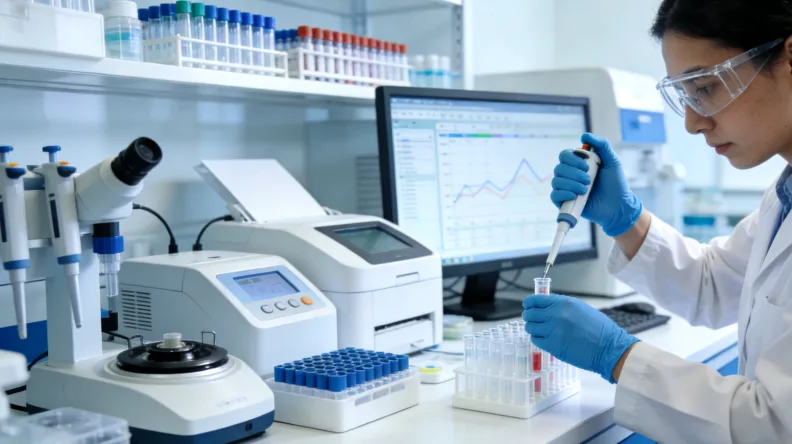 显微镜下的乳腺癌细胞与基因序列叠加图