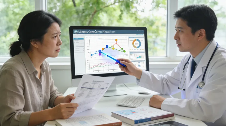 医生与患者共同查看基因检测报告示意图