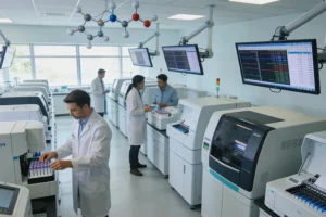 显微镜下的肿瘤组织切片与基因序列图