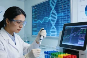 医生与患者共同查看基因检测报告示意图