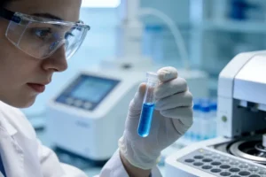 医生在诊室向患者解释基因检测报告