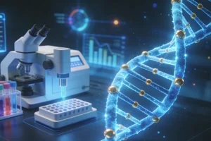 医生在诊室查看基因检测报告