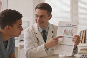 医生与患者共同查看基因检测报告