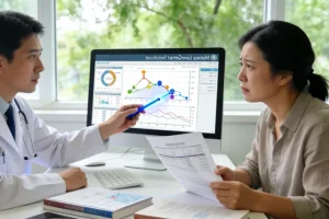 医生与患者家属在诊室沟通病情