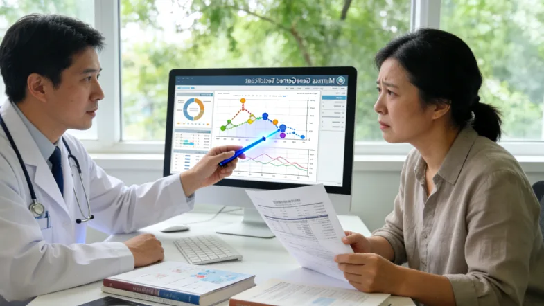 医生与患者家属在诊室沟通病情