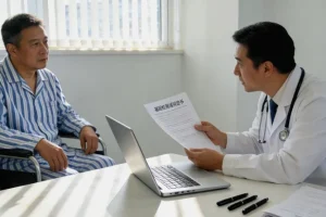 医生与患者家属在诊室沟通病情