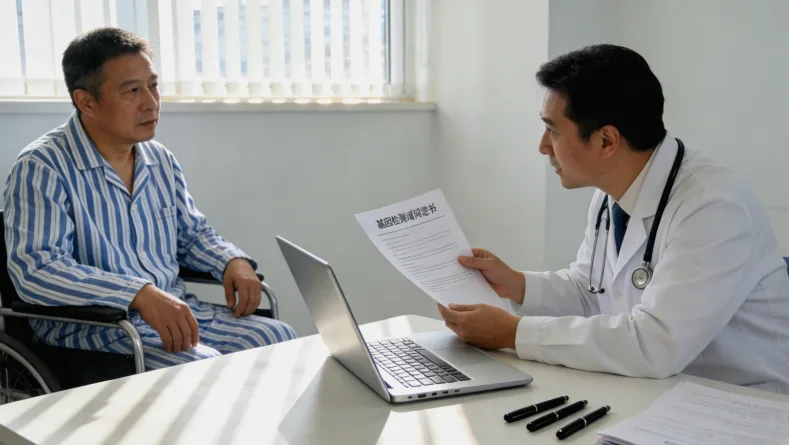 医生与患者家属在诊室沟通病情