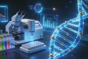 显微镜下的肉瘤组织切片与基因序列图对比