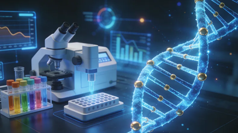显微镜下的肉瘤组织切片与基因序列图对比