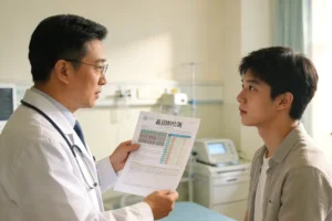 一位患者手持基因检测报告与医生沟通的示意图