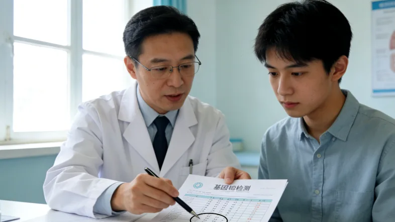 一位医生在诊室向家属温和地解释基因检测报告