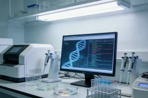 显微镜下的FISH检测图像：红色与绿色荧光信号点