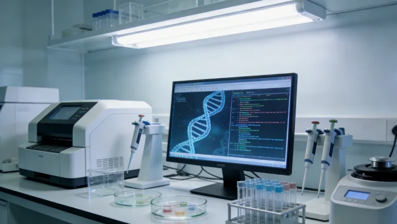 显微镜下的FISH检测图像:红色与绿色荧光信号点