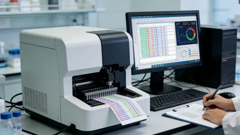 医生在诊室向患者展示并解释基因图谱