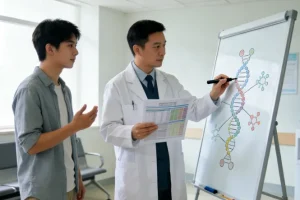 医生与女性患者查看基因检测报告示意图