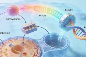 一张显示红绿分离信号的FISH检测显微镜下图片