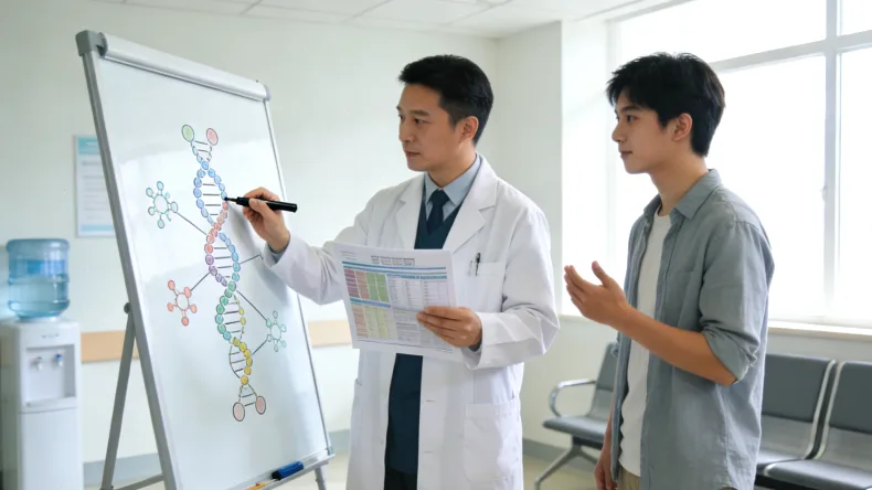 医生与肺癌患者查看基因检测报告沟通场景