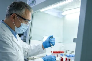 病理医生在显微镜下观察肉瘤组织切片