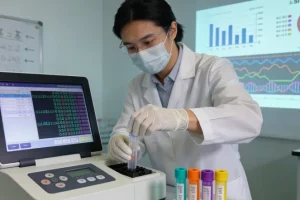 病理科医生在显微镜下观察PD-L1染色切片