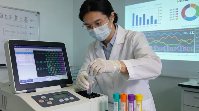 病理科医生在显微镜下观察PD-L1染色切片