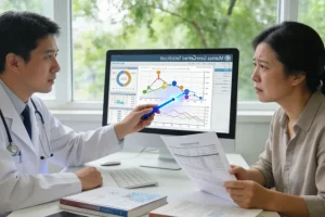 肺癌患者查看CT报告，面露困惑