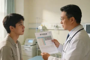 医生与肠癌术后患者查看病理报告并讨论