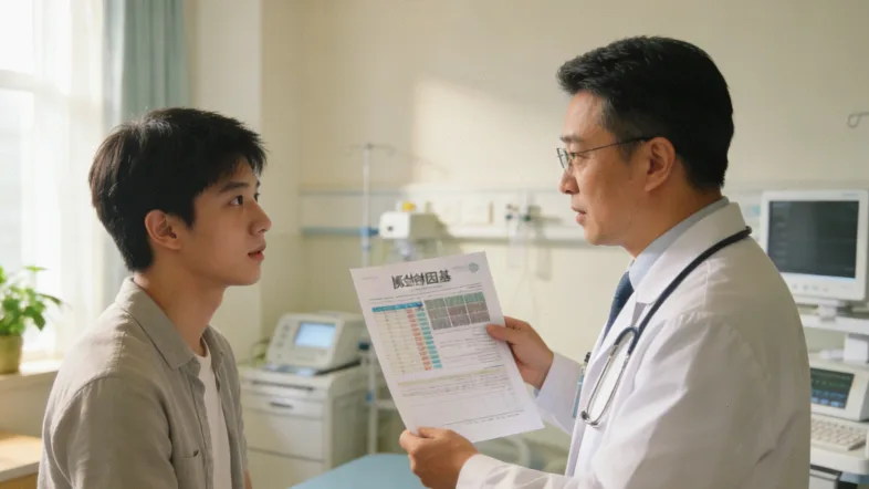 医生与肠癌术后患者查看病理报告并讨论