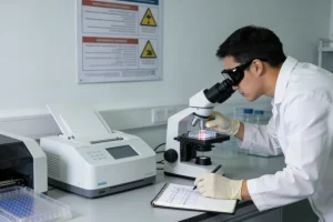 病理医生在显微镜下评估肿瘤组织切片