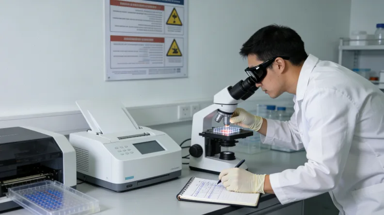 病理医生在显微镜下评估肿瘤组织切片