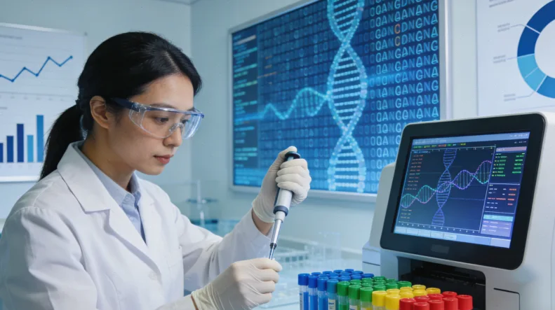 病理医生在显微镜下评估肿瘤细胞比例